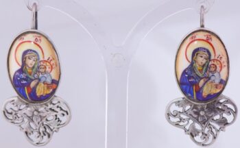 Antique Earrings Set Silver and Hand Painted Enamel Icon c1889.
