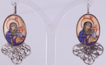 Antique Earrings Set Silver and Hand Painted Enamel Icon c1889.