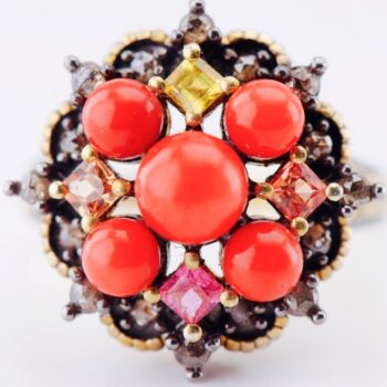 Antique Victorian Ring Silver-Topped 9k Gold Coral, Tourmaline & Roset Diamonds