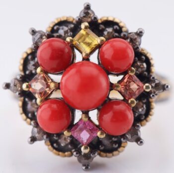 Antique Victorian Ring Silver-Topped 9k Gold Coral, Tourmaline & Roset Diamonds
