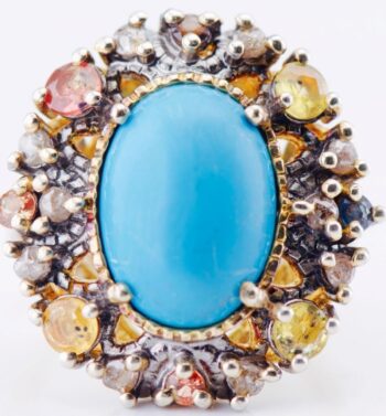Antique Victorian Ring 9K Gold & Silver-Topped Turquoise, Tourmaline & Diamond