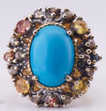 Antique Victorian Ring 9K Gold & Silver-Topped Turquoise, Tourmaline & Diamond
