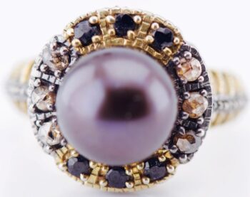 Antique Victorian Ring Silver-Topped 9K Gold Pearl, Sapphire & Rose Cut Diamond