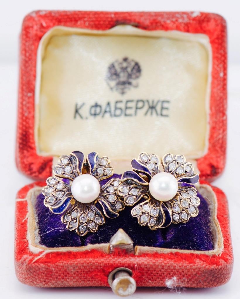 Exquisite Antique Late 19th C. Faberge 18k Gold Enamel Pearl & Diamond Earrings