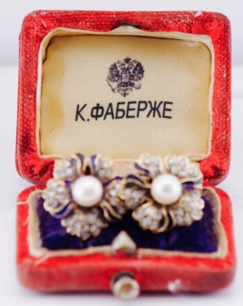 Exquisite Antique Late 19th C. Faberge 18k Gold Enamel Pearl & Diamond Earrings