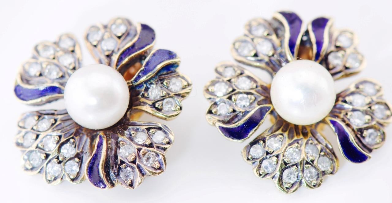 Exquisite Antique Late 19th C. Faberge 18k Gold Enamel Pearl & Diamond Earrings