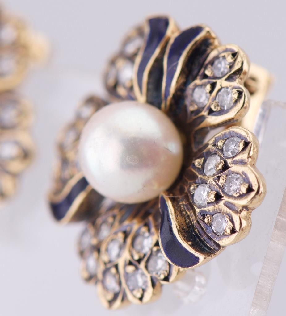Exquisite Antique Late 19th C. Faberge 18k Gold Enamel Pearl & Diamond Earrings