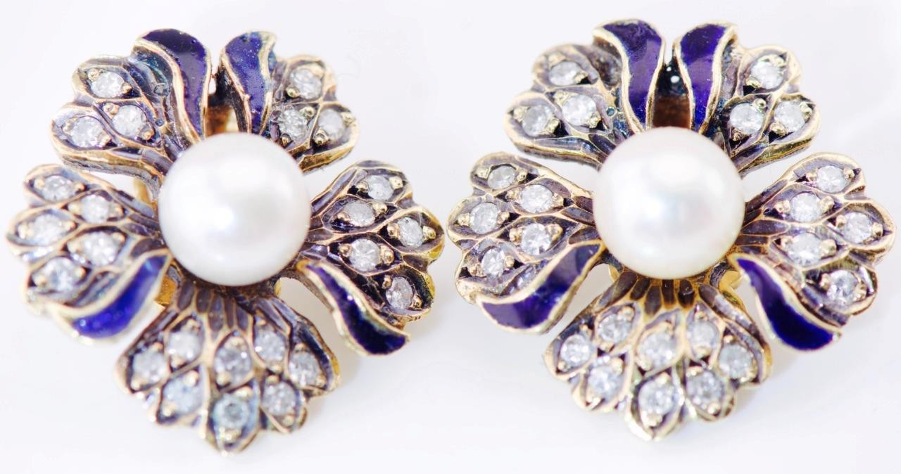 Exquisite Antique Late 19th C. Faberge 18k Gold Enamel Pearl & Diamond Earrings