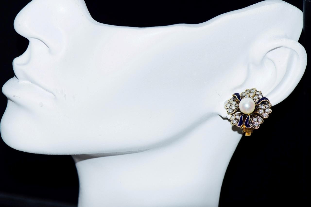 Exquisite Antique Late 19th C. Faberge 18k Gold Enamel Pearl & Diamond Earrings