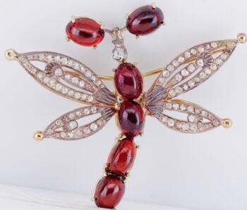 Antique 19th C. Faberge 14k Gold & Silver Dragonfly Brooch 15ct Garnet & Diamond