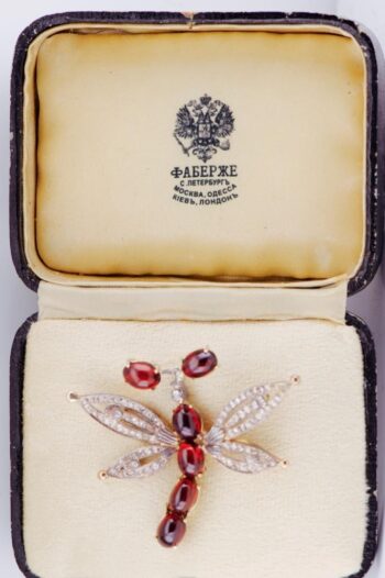 Antique 19th C. Faberge 14k Gold & Silver Dragonfly Brooch 15ct Garnet & Diamond
