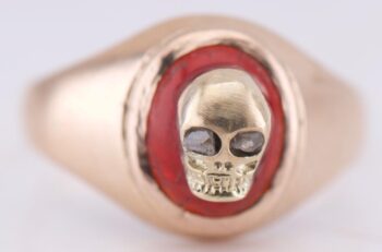 Antique 14k Gold Memento Mori Skull Ring | Cabochon Ruby & Diamond Eyes Size 6.5