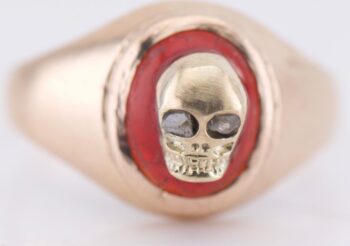 Antique 14k Gold Memento Mori Skull Ring | Cabochon Ruby & Diamond Eyes Size 6.5