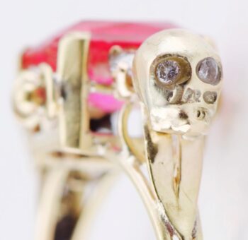 Antique 18K Gold Memento Mori Skull Ring | Vibrant Ruby & Diamond Accents
