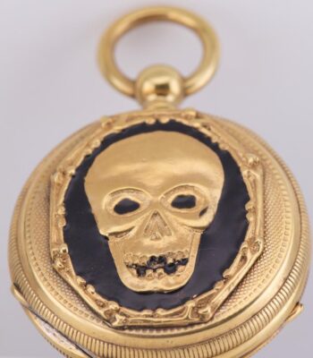 Rare 19th C. French A. Jousset Memento Mori Skull Pocket Watch Vermeil & Enamel