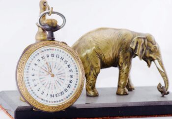 Antique Oversize 67mm Swiss GMT World Time 24H Pocket Watch c1890 & Bronze Stand