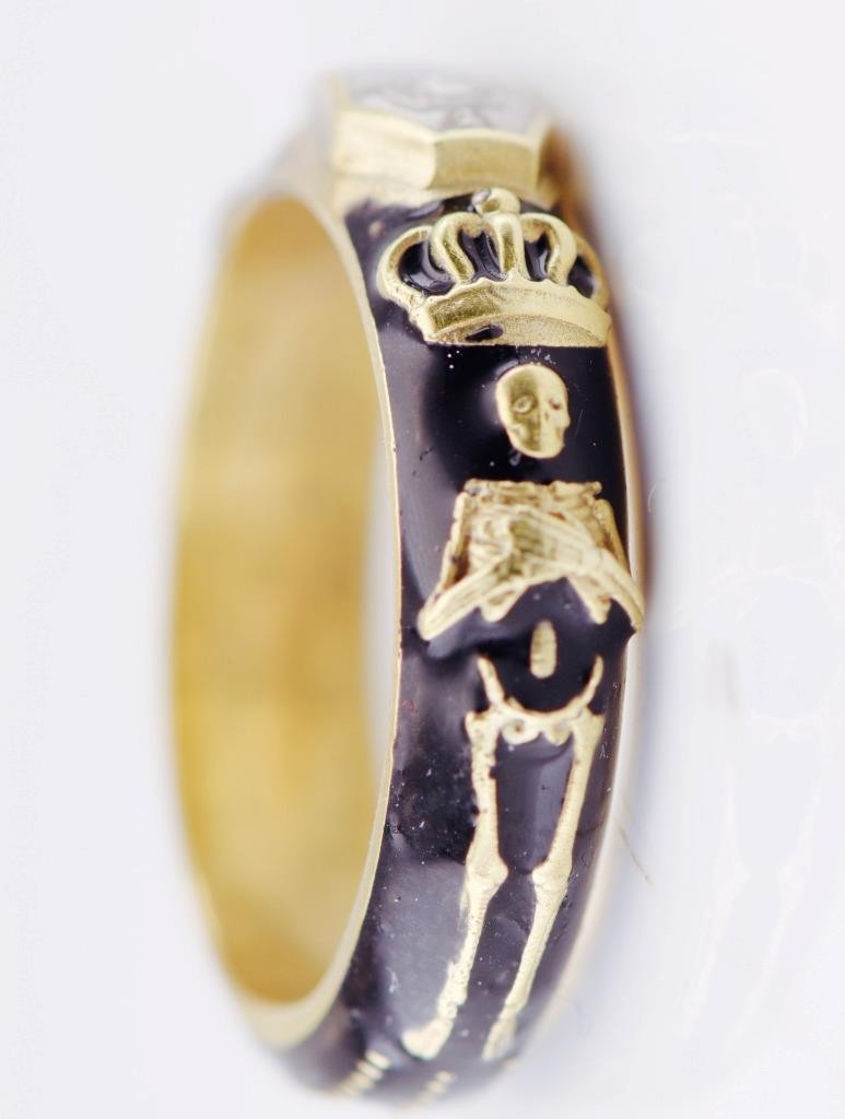 Antique Victorian Enamel Gilt Silver Ring Memento Mori Skull Skeleton Ornate