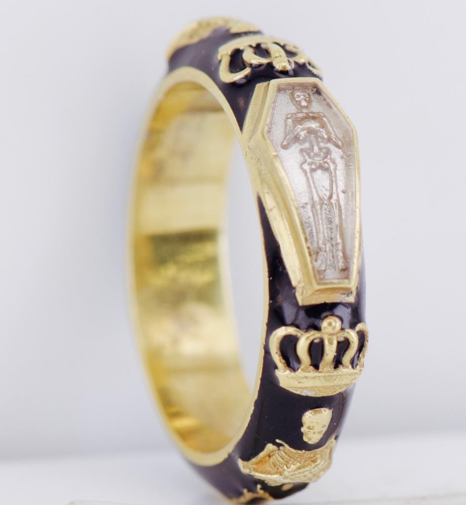 Antique Victorian Enamel Gilt Silver Ring Memento Mori Skull Skeleton Ornate
