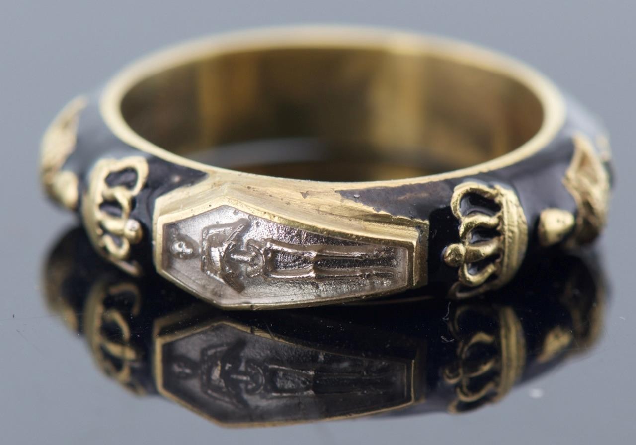 Antique Victorian Enamel Gilt Silver Ring Memento Mori Skull Skeleton Ornate
