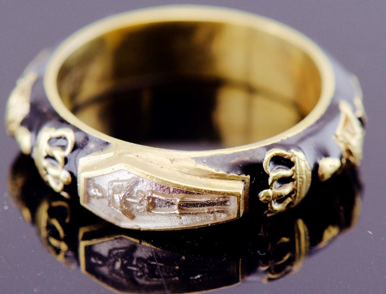 Antique Victorian Enamel Gilt Silver Ring Memento Mori Skull Skeleton Ornate