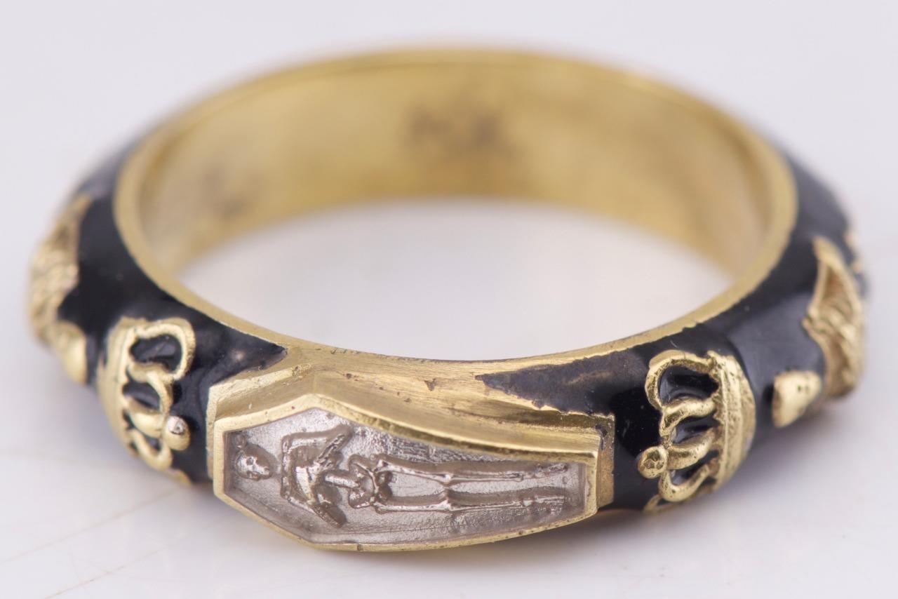 Antique Victorian Enamel Gilt Silver Ring Memento Mori Skull Skeleton Ornate