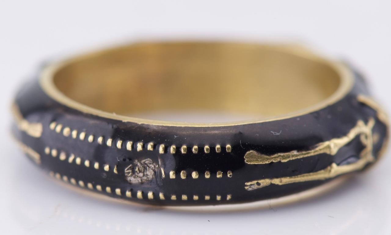 Antique Victorian Enamel Gilt Silver Ring Memento Mori Skull Skeleton Ornate