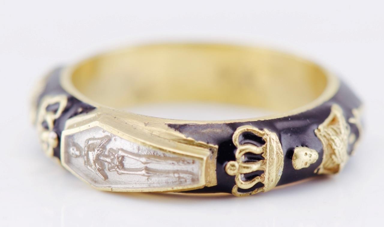 Antique Victorian Enamel Gilt Silver Ring Memento Mori Skull Skeleton Ornate