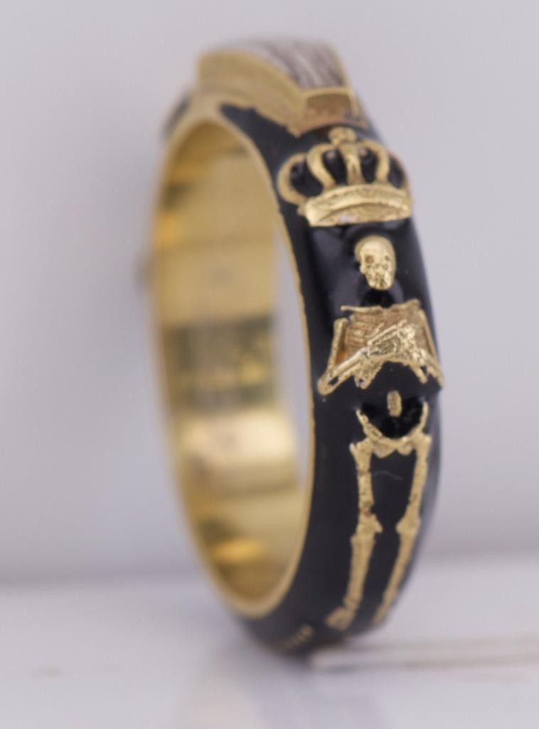 Antique Victorian Enamel Gilt Silver Ring Memento Mori Skull Skeleton Ornate