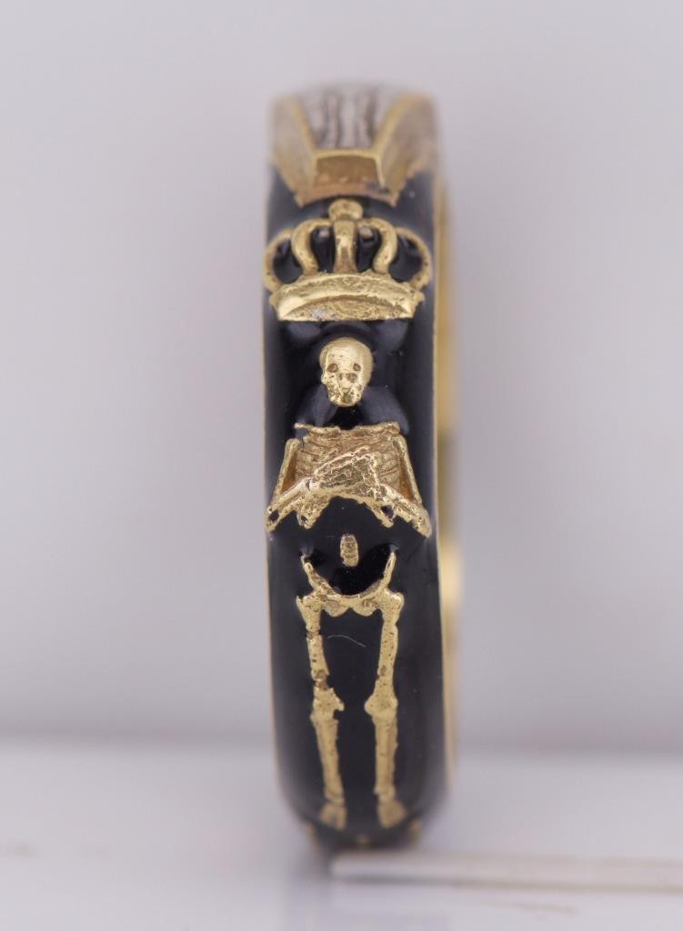 Antique Victorian Enamel Gilt Silver Ring Memento Mori Skull Skeleton Ornate