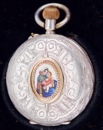 Exquisite 19th C. Swiss Solid 0.935 Silver Ladies Pendant Watch & Enamel Icon