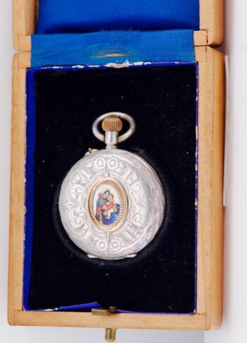 Exquisite 19th C. Swiss Solid 0.935 Silver Ladies Pendant Watch & Enamel Icon