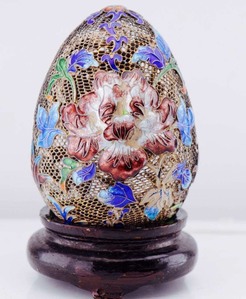 EXQUISITE Antique Sterling Silver Filigree & Enamel Easter Egg – 88mm-c1800's