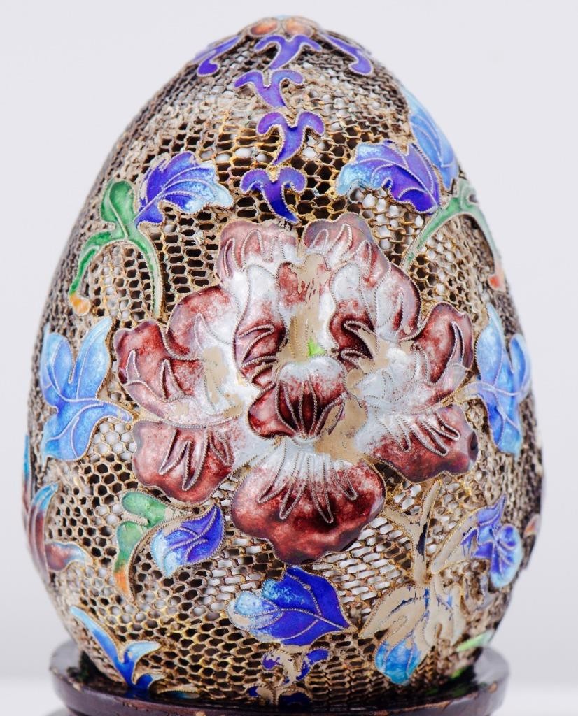 EXQUISITE Antique Sterling Silver Filigree & Enamel Easter Egg – 88mm-c1800's