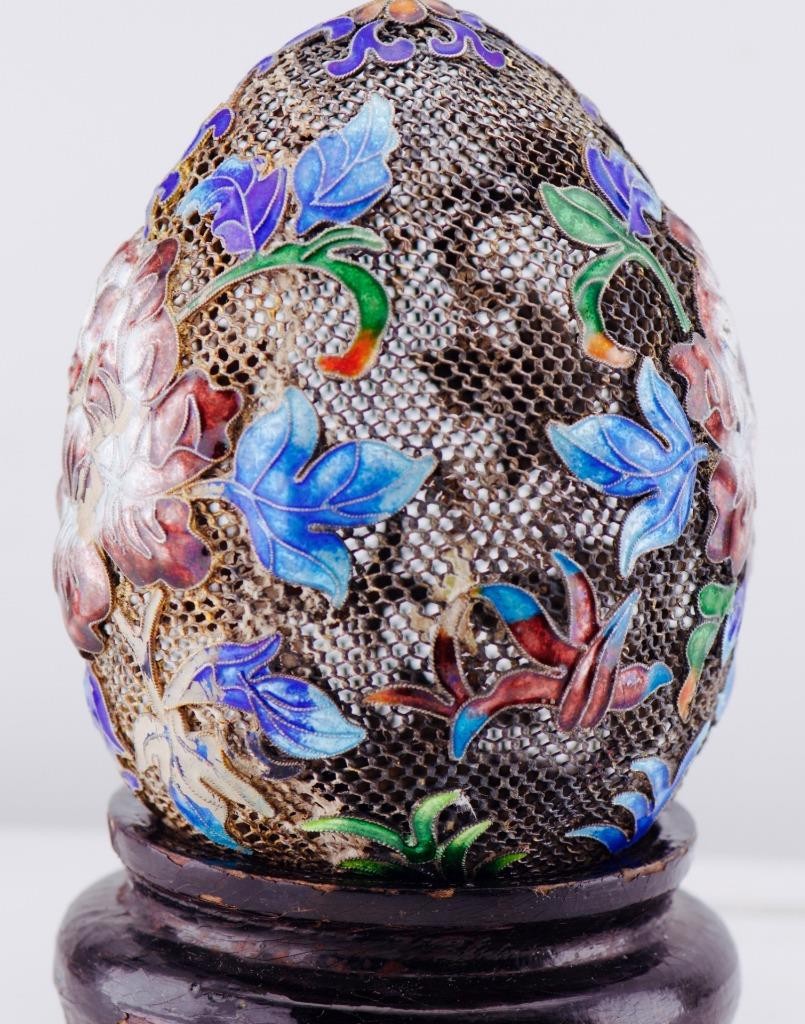 EXQUISITE Antique Sterling Silver Filigree & Enamel Easter Egg – 88mm-c1800's