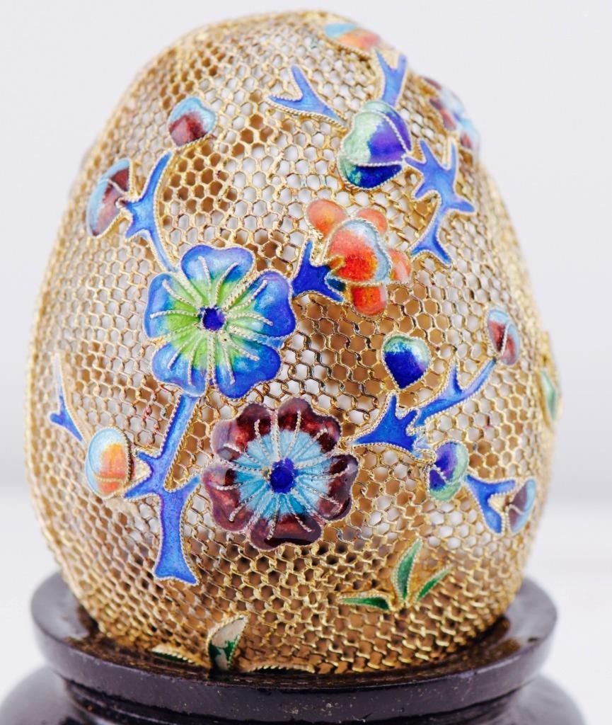 Antique 18k Gold Plated Silver Filigree & Cloisonné Enamel Easter Egg c1800's