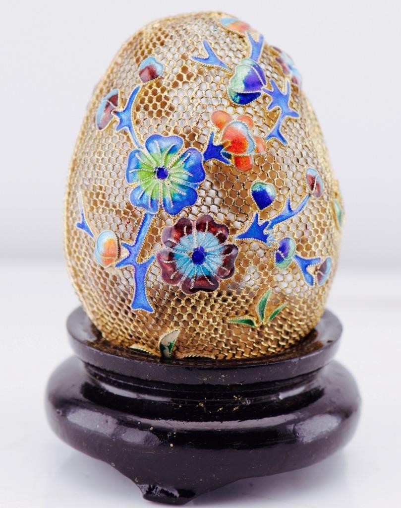 Antique 18k Gold Plated Silver Filigree & Cloisonné Enamel Easter Egg c1800's