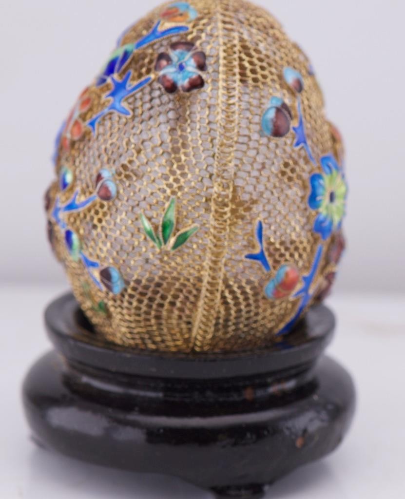Antique 18k Gold Plated Silver Filigree & Cloisonné Enamel Easter Egg c1800's