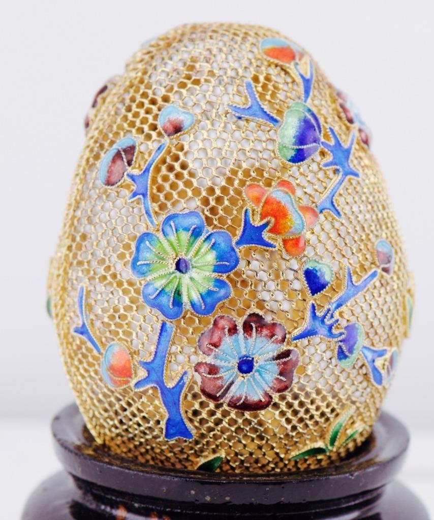Antique 18k Gold Plated Silver Filigree & Cloisonné Enamel Easter Egg c1800's