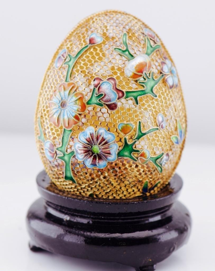 Antique 19th C. 18k Gold Plated Silver Filigree & Cloisonné Enamel Easter Egg