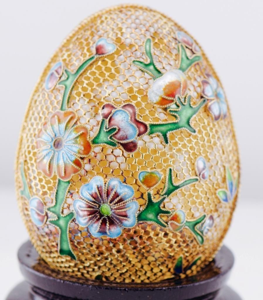 Antique 19th C. 18k Gold Plated Silver Filigree & Cloisonné Enamel Easter Egg