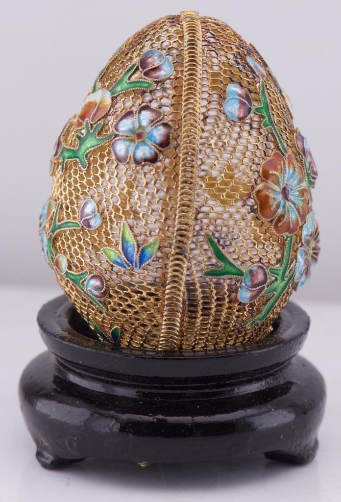Antique 19th C. 18k Gold Plated Silver Filigree & Cloisonné Enamel Easter Egg