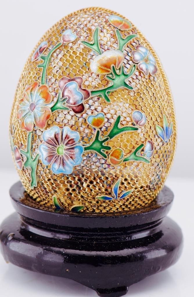 Antique 19th C. 18k Gold Plated Silver Filigree & Cloisonné Enamel Easter Egg