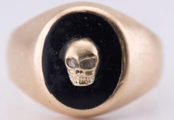 Antique 14K Gold Memento Mori Skull Mens Ring | Black Onyx & Diamond Eyes