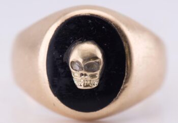 Antique 14K Gold Memento Mori Skull Mens Ring | Black Onyx & Diamond Eyes