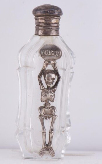 Antique Victorian Doctor's Poison Bottle – Clear Faceted Glass & Silver Skeleton