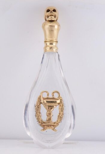 Antique Victorian Apothecary Poison Bottle – 18k Gold Plated Silver Skull RARE