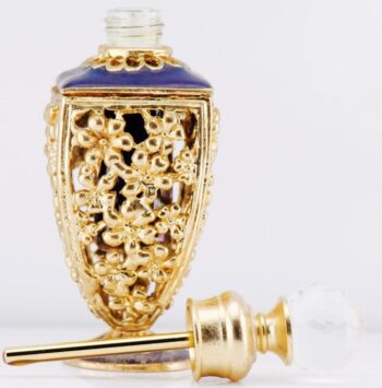 Rare Antique 18k Gold Plated & Cobalt Enamel Perfume Bottle | Floral Filigree |
