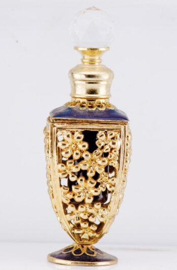 Rare Antique 18k Gold Plated & Cobalt Enamel Perfume Bottle | Floral Filigree |