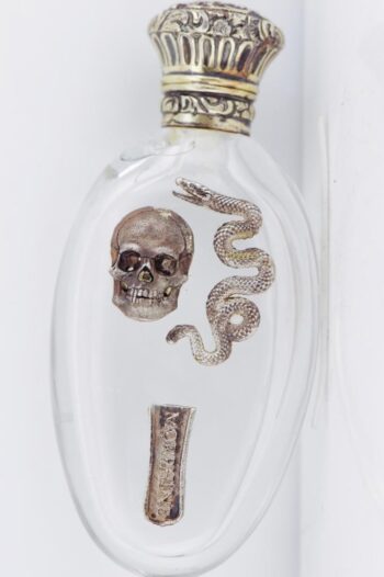 Antique Victorian Glass Morphine Poison Empty Bottle –Applied Silver Skull Snake