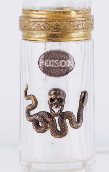 Antique Victorian Doctor's Poison Bottle – Silver/Gilt Mounts Glass Skull Cap